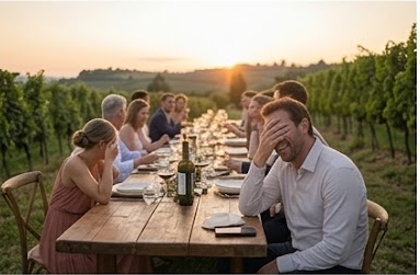 Gjester ved langbord i vinmark ved solnedgang ved Gardasjøen
